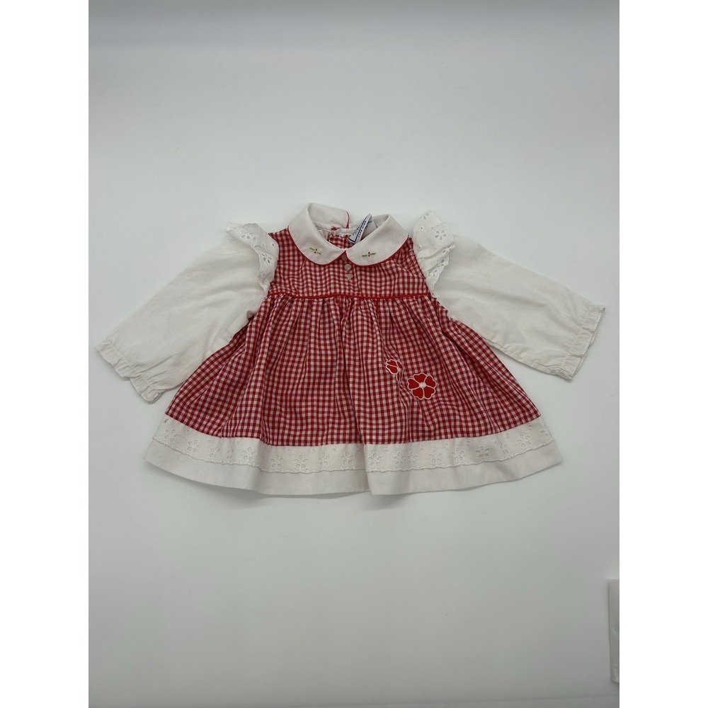 Nana's Pet‎ Baby Dress Red Gingham Check Flower Applique Eyelet Lace 12M